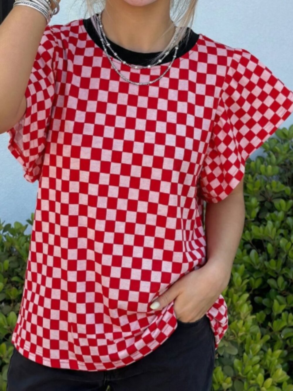 Red Checkered Print Ruffle Short Sleeve Contrast Trim Round Neck Top